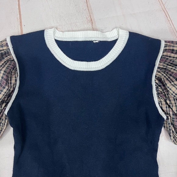 Modcloth Madras Plaid Colorblock Puff Sleeve Sweater - Picture 9 of 9